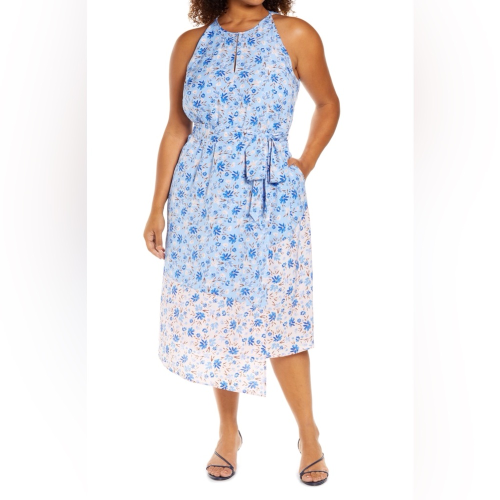 New Vince Camuto Chiffon Dress Mix Print Blue Pink Floral Plus Size 16W Tie